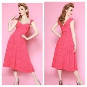 Retro Bettie Page by Corol & Jade Brocade Coral Pinup Dress 14 Midi